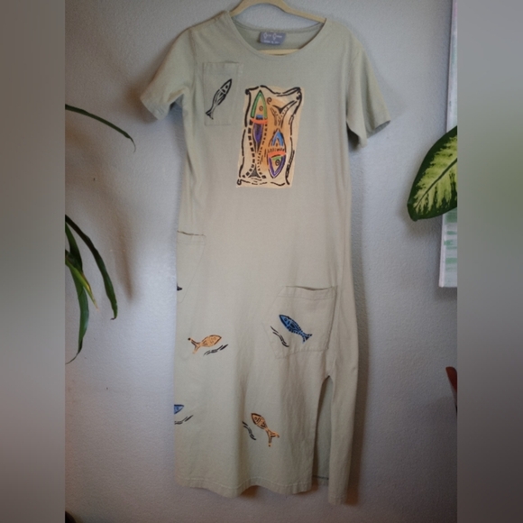 Vintage Cover Charge 80s Asymetric Fish Multi Pocket T Shirt Maxi Dress W Slit M - Picture 1 of 7